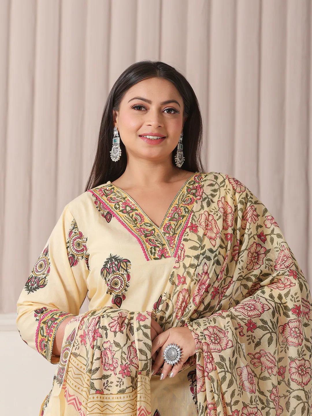 Yufta Cream Cotton Cutdana Work Plus Size Kurta Set With Pant & Dupatta | Grocsy