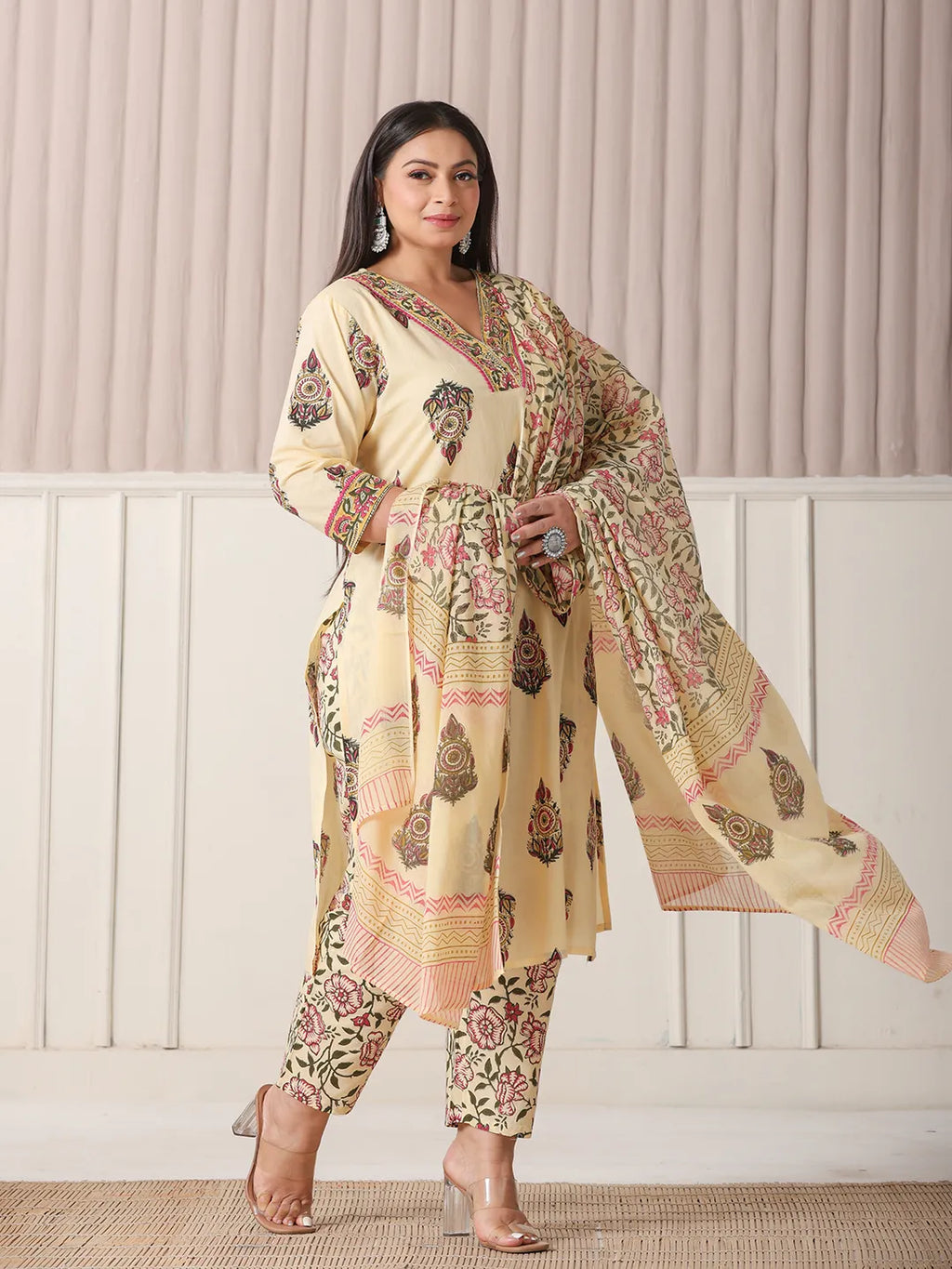 Yufta Cream Cotton Cutdana Work Plus Size Kurta Set With Pant & Dupatta | Grocsy
