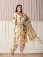 Yufta Cream Cotton Cutdana Work Plus Size Kurta Set With Pant & Dupatta | Grocsy