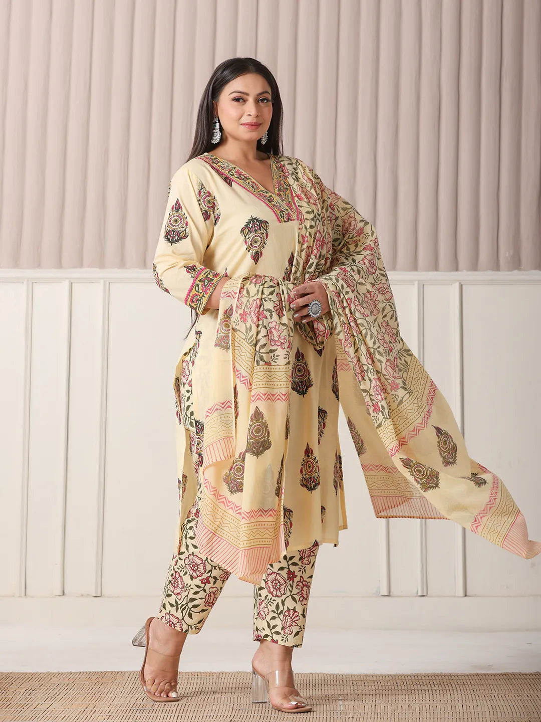 Yufta Cream Cotton Cutdana Work Plus Size Kurta Set With Pant & Dupatta | Grocsy