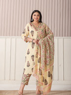 Yufta Cream Cotton Cutdana Work Plus Size Kurta Set With Pant & Dupatta | Grocsy