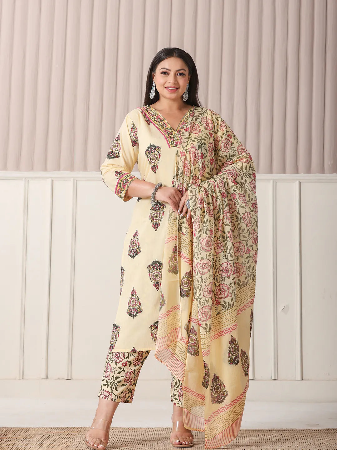 Yufta Cream Cotton Cutdana Work Plus Size Kurta Set With Pant & Dupatta | Grocsy