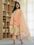 Yufta Cream Cotton Straight Ethnic Motifs Kurta Dupatta Set | Grocsy