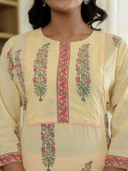 Yufta Cream Cotton Straight Ethnic Motifs Kurta Dupatta Set | Grocsy