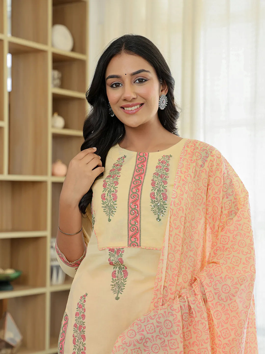 Yufta Cream Cotton Straight Ethnic Motifs Kurta Dupatta Set | Grocsy