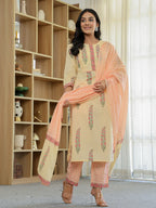 Yufta Cream Cotton Straight Ethnic Motifs Kurta Dupatta Set | Grocsy