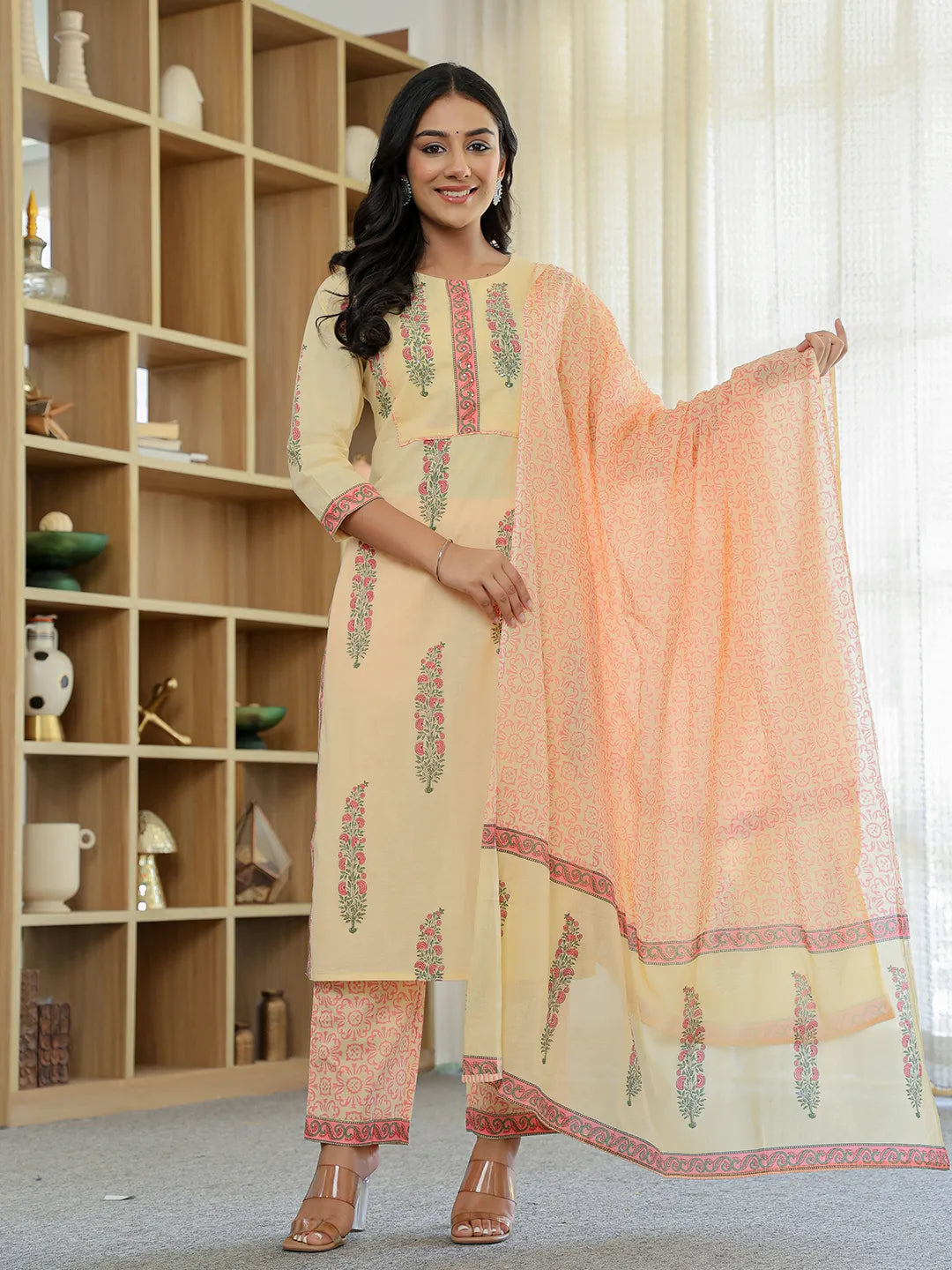 Yufta Cream Cotton Straight Ethnic Motifs Kurta Dupatta Set | Grocsy