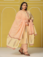 Yufta Cream Cotton Straight Plus Size Kurta Set | Grocsy