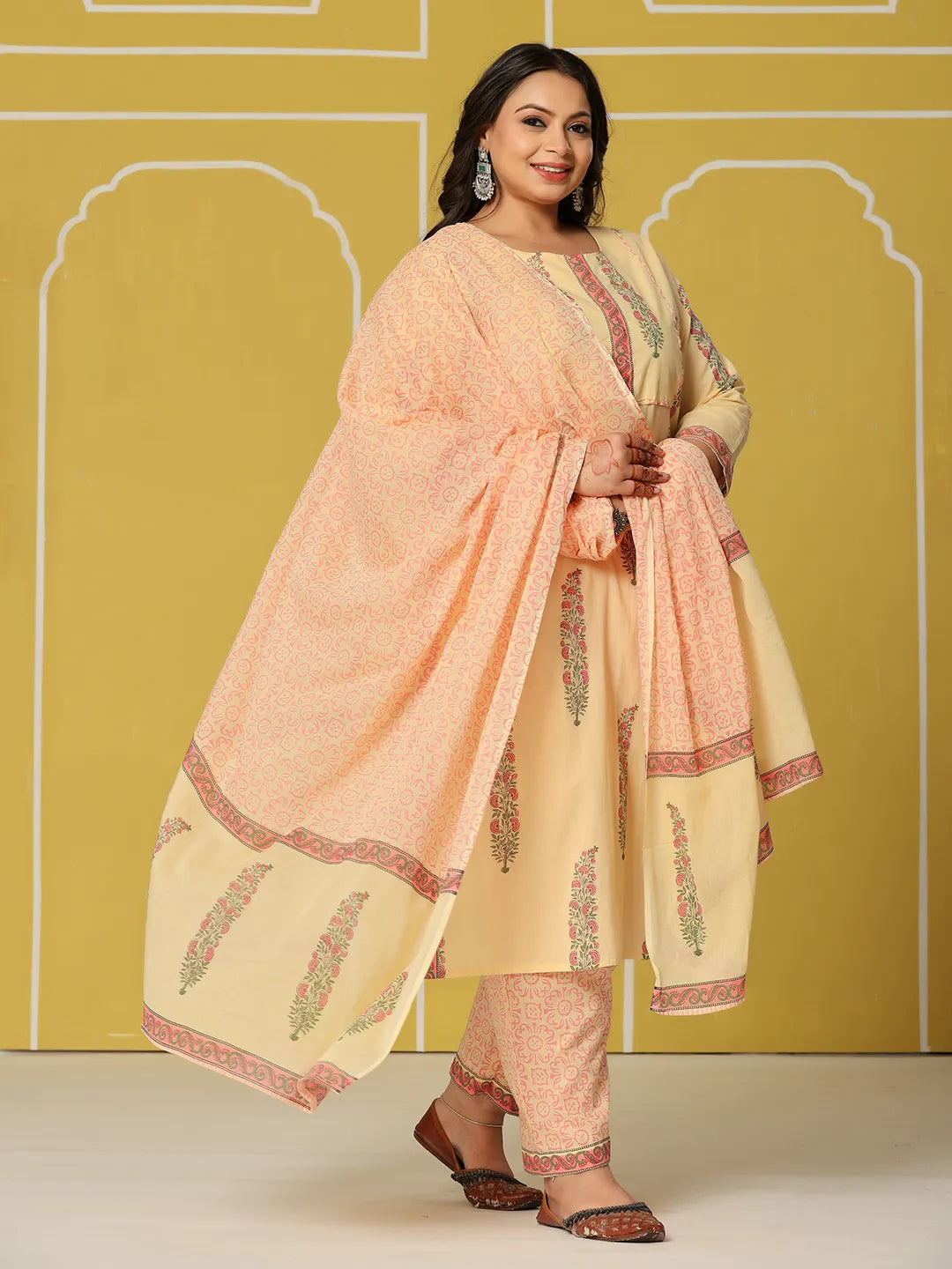 Yufta Cream Cotton Straight Plus Size Kurta Set | Grocsy