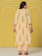 Yufta Cream Cotton Straight Plus Size Kurta Set | Grocsy