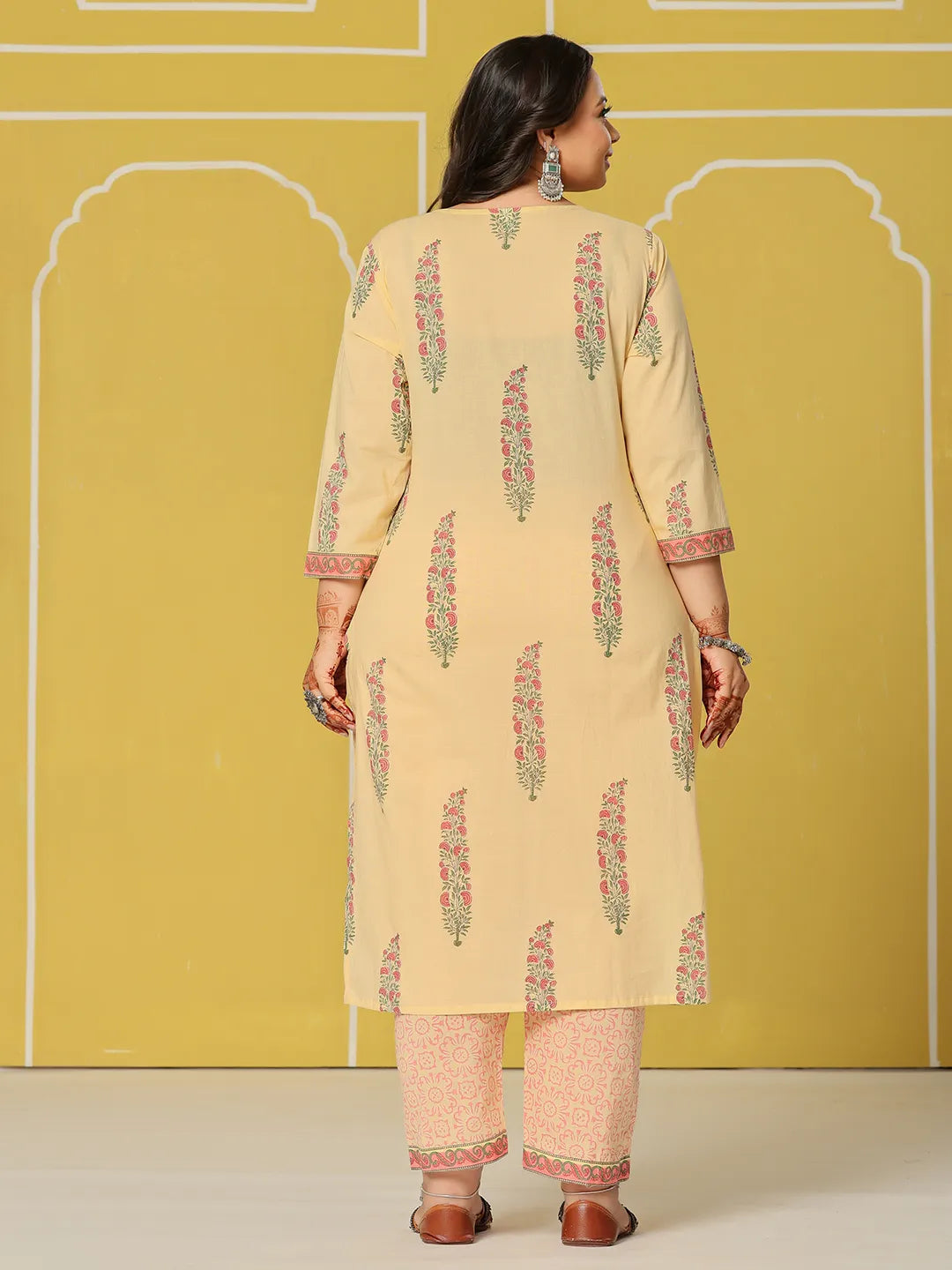 Yufta Cream Cotton Straight Plus Size Kurta Set | Grocsy