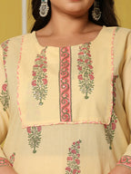 Yufta Cream Cotton Straight Plus Size Kurta Set | Grocsy