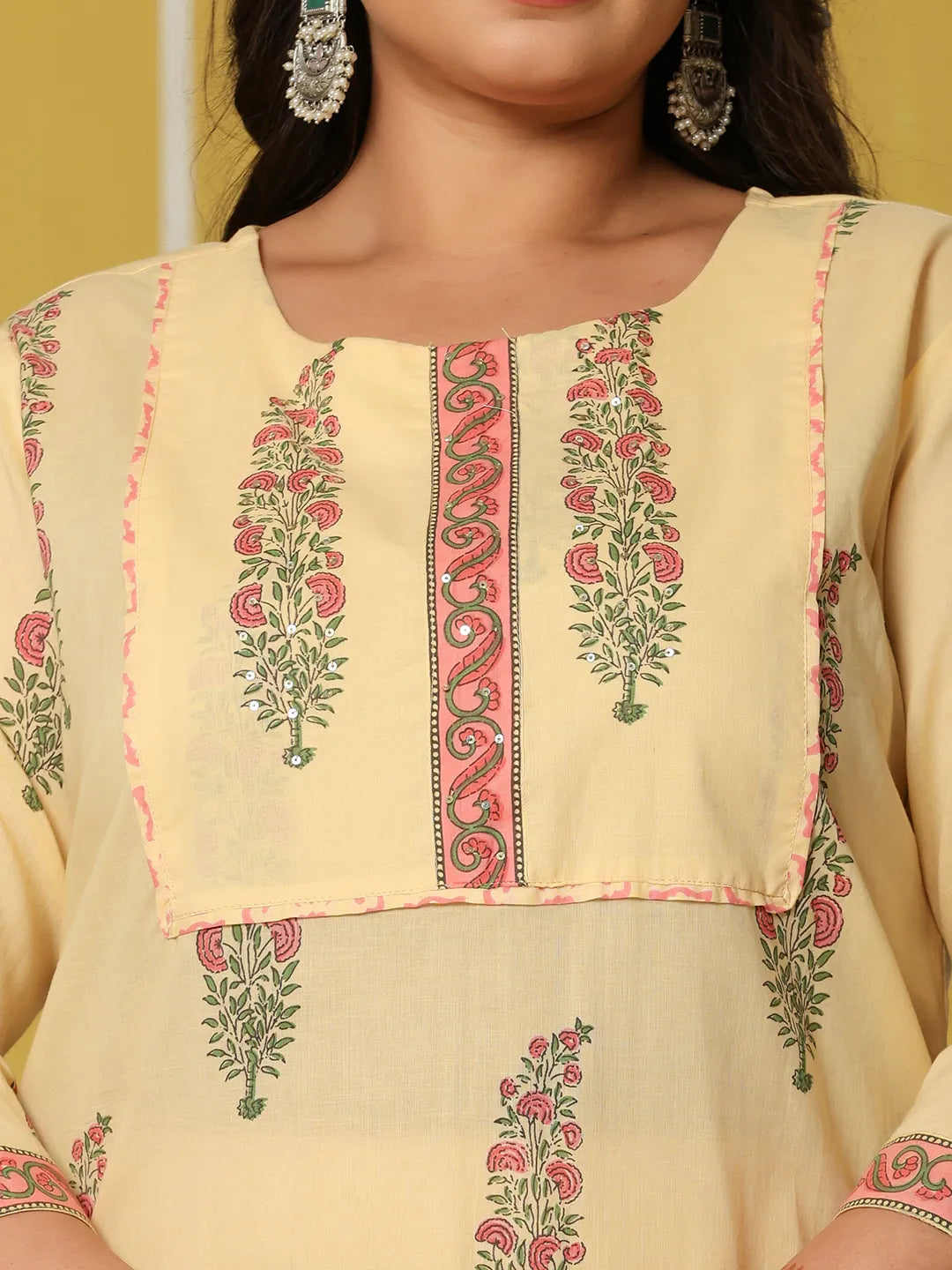 Yufta Cream Cotton Straight Plus Size Kurta Set | Grocsy