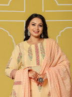 Yufta Cream Cotton Straight Plus Size Kurta Set | Grocsy
