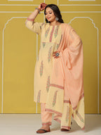 Yufta Cream Cotton Straight Plus Size Kurta Set | Grocsy