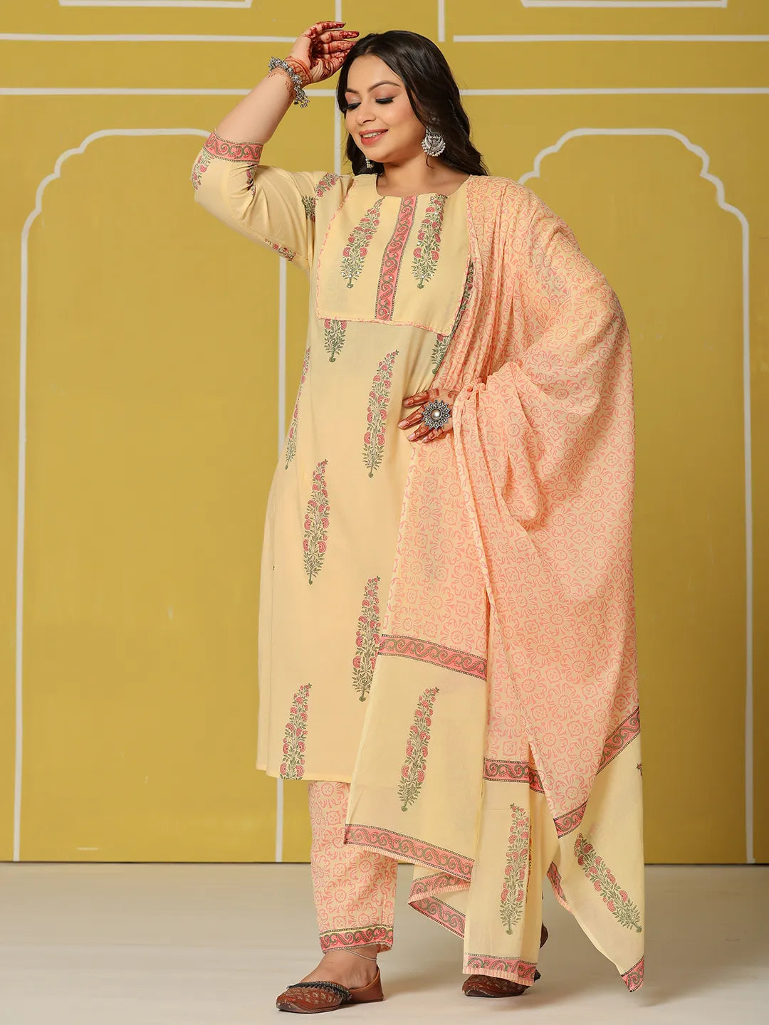 Yufta Cream Cotton Straight Plus Size Kurta Set | Grocsy