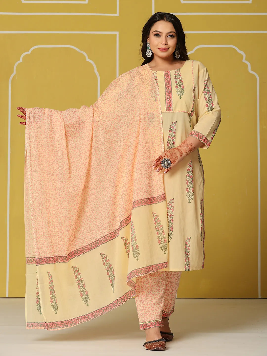 Yufta Cream Cotton Straight Plus Size Kurta Set | Grocsy