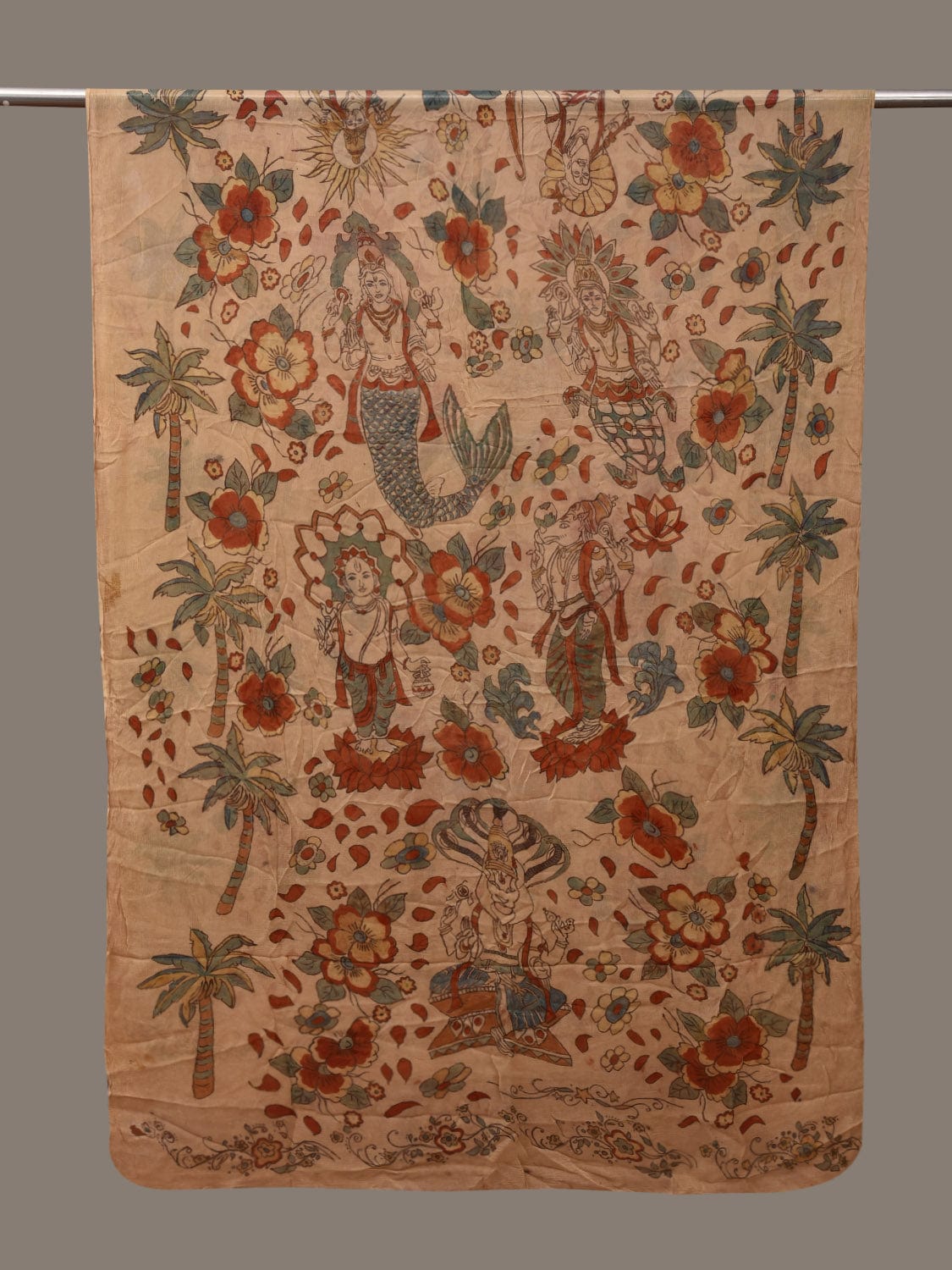 Cream Kalamkari Hand Painted Chiffon Dupatta with Dashavatar Design - Global Threads | Grocsy