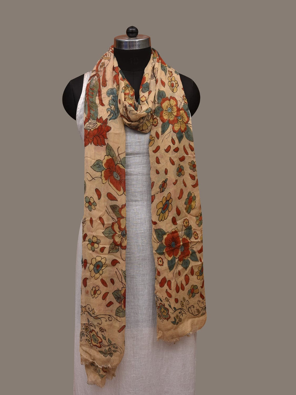 Cream Kalamkari Hand Painted Chiffon Dupatta with Dashavatar Design - Global Threads | Grocsy