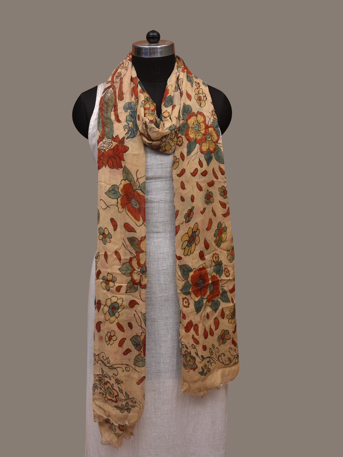 Cream Kalamkari Hand Painted Chiffon Dupatta with Dashavatar Design - Global Threads | Grocsy