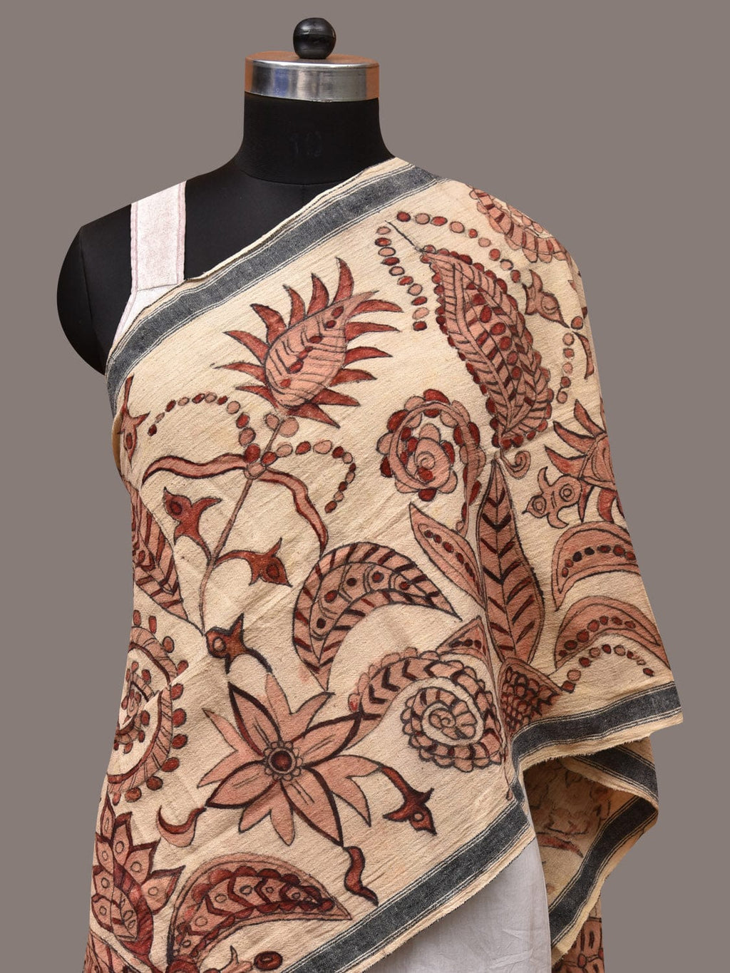 Cream Kalamkari Hand Painted Cotton Bhujodi Handloom Stole with Floral Design - Global Threads | Grocsy