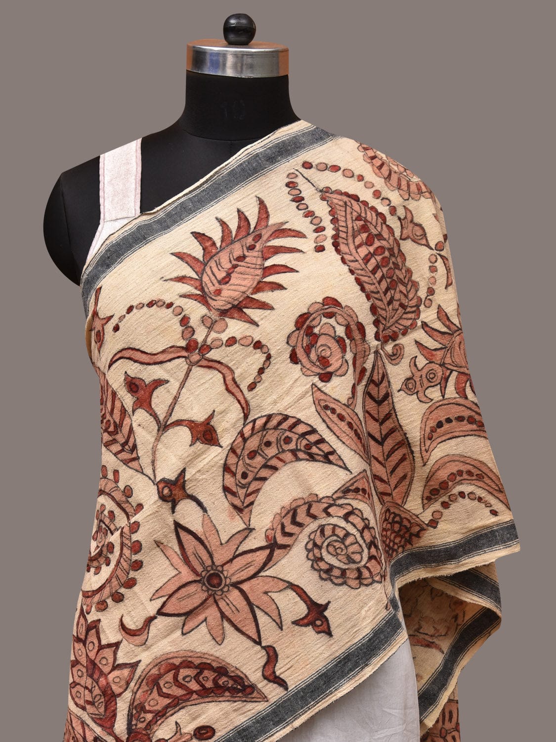 Cream Kalamkari Hand Painted Cotton Bhujodi Handloom Stole with Floral Design - Global Threads | Grocsy
