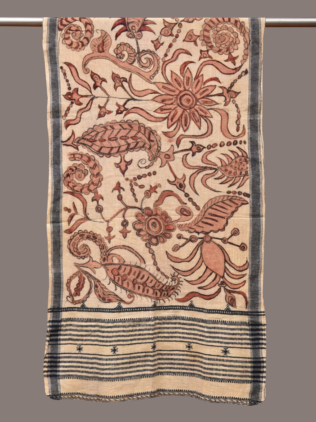 Cream Kalamkari Hand Painted Cotton Bhujodi Handloom Stole with Floral Design - Global Threads | Grocsy