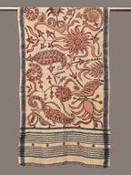 Cream Kalamkari Hand Painted Cotton Bhujodi Handloom Stole with Floral Design - Global Threads | Grocsy
