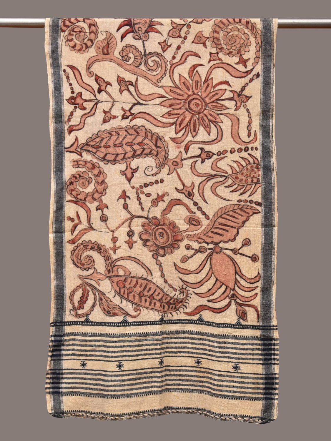 Cream Kalamkari Hand Painted Cotton Bhujodi Handloom Stole with Floral Design - Global Threads | Grocsy