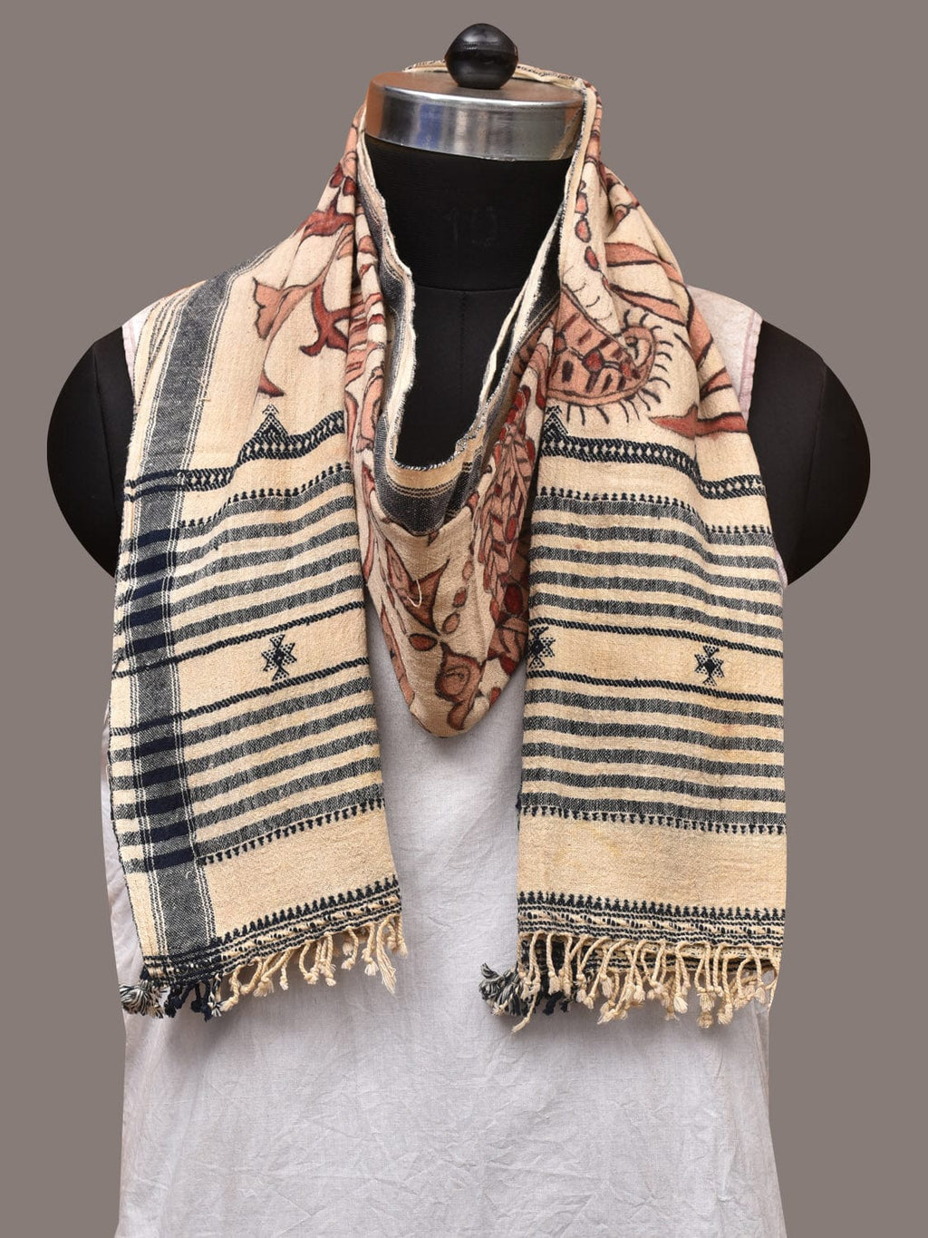 Cream Kalamkari Hand Painted Cotton Bhujodi Handloom Stole with Floral Design - Global Threads | Grocsy