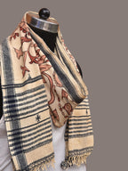 Cream Kalamkari Hand Painted Cotton Bhujodi Handloom Stole with Floral Design - Global Threads | Grocsy