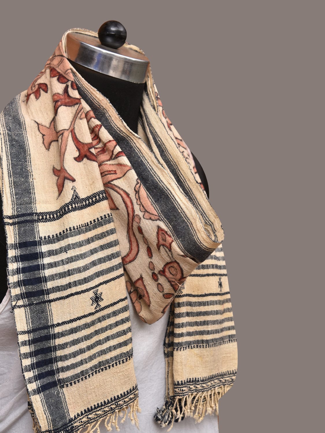 Cream Kalamkari Hand Painted Cotton Bhujodi Handloom Stole with Floral Design - Global Threads | Grocsy