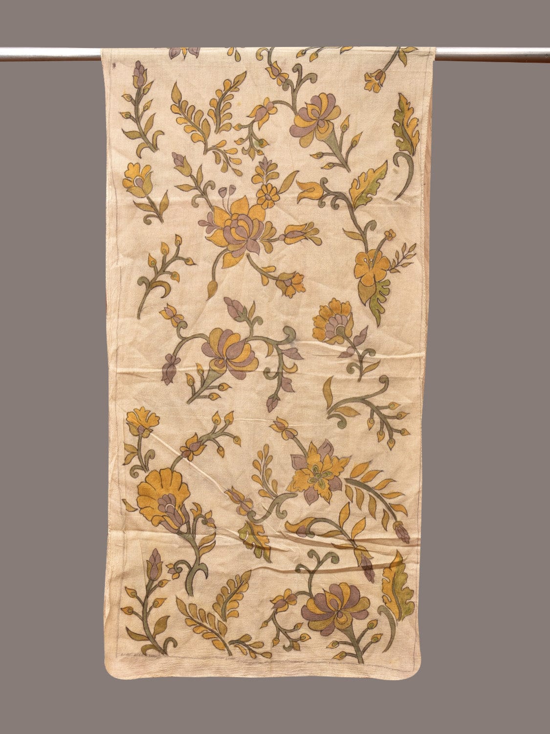 Cream Kalamkari Hand Painted Cotton Handloom Stole with Floral and Birds Design - Global Threads | Grocsy