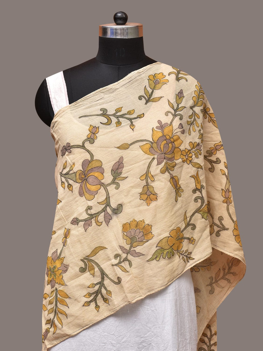 Cream Kalamkari Hand Painted Cotton Handloom Stole with Floral and Birds Design - Global Threads | Grocsy
