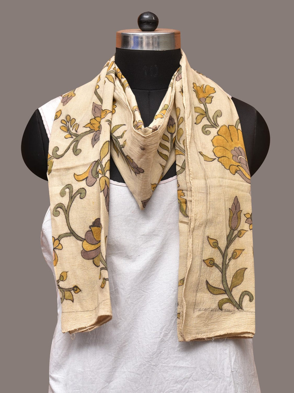 Cream Kalamkari Hand Painted Cotton Handloom Stole with Floral and Birds Design - Global Threads | Grocsy