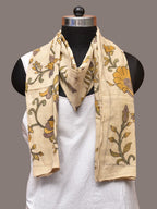 Cream Kalamkari Hand Painted Cotton Handloom Stole with Floral and Birds Design - Global Threads | Grocsy