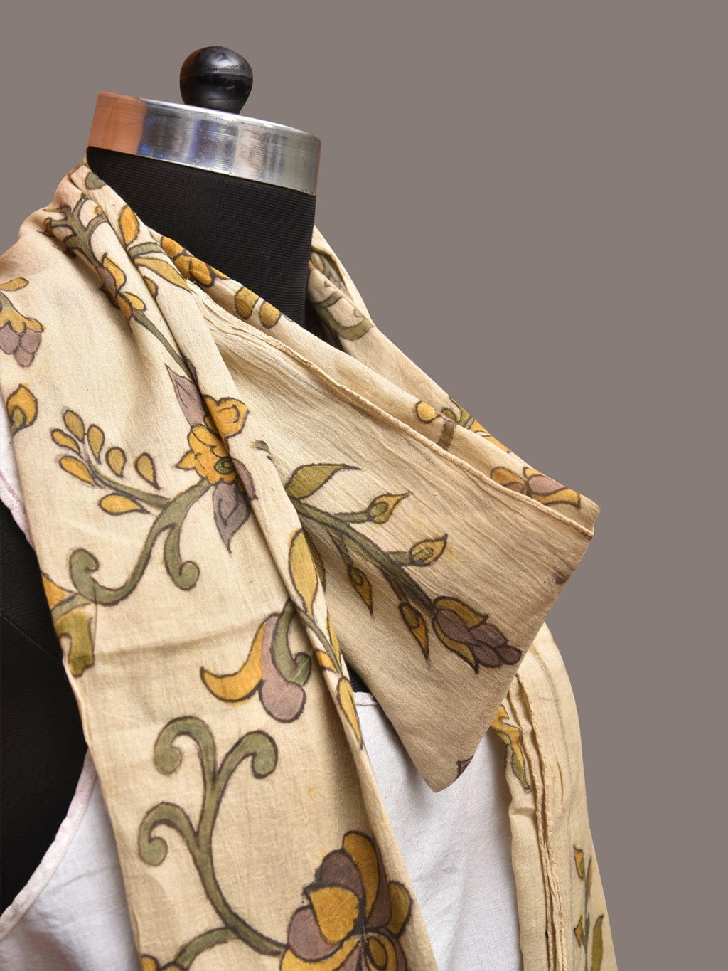 Cream Kalamkari Hand Painted Cotton Handloom Stole with Floral and Birds Design - Global Threads | Grocsy
