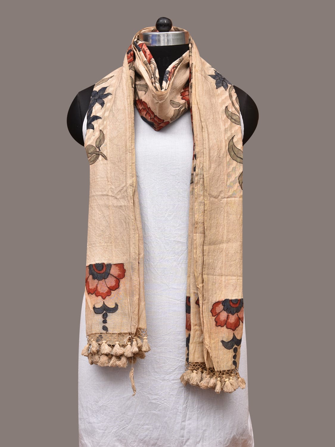 Cream Kalamkari Hand Painted Cotton Silk Dupatta with Floral Design - Global Threads | Grocsy