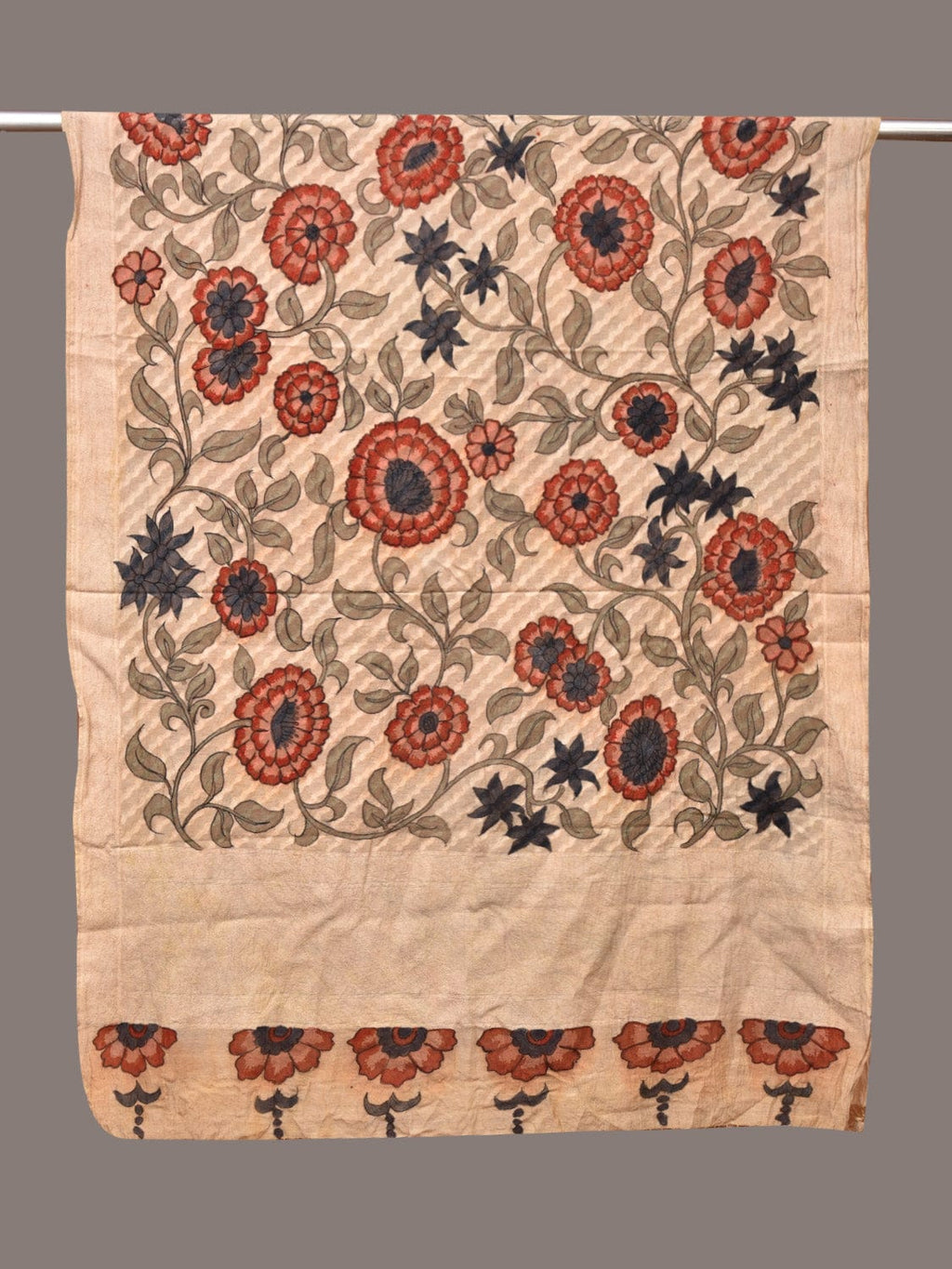 Cream Kalamkari Hand Painted Cotton Silk Dupatta with Floral Design - Global Threads | Grocsy