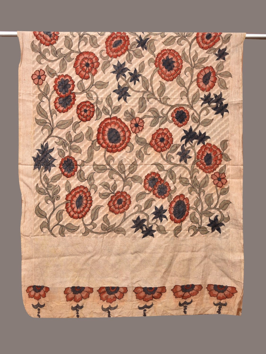 Cream Kalamkari Hand Painted Cotton Silk Dupatta with Floral Design - Global Threads | Grocsy