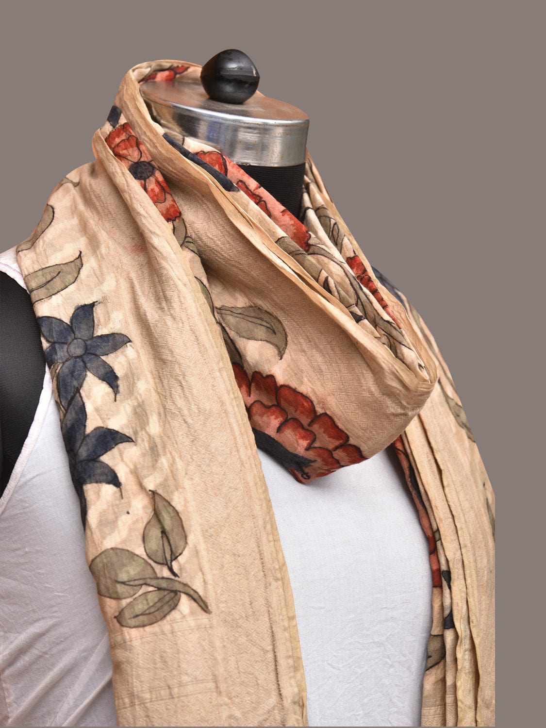 Cream Kalamkari Hand Painted Cotton Silk Dupatta with Floral Design - Global Threads | Grocsy