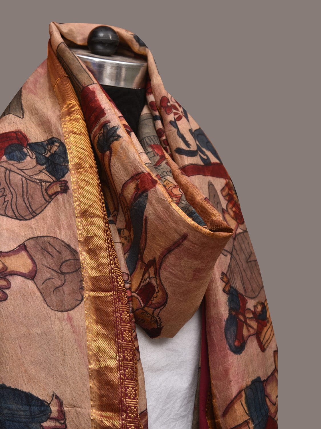 Cream Kalamkari Hand Painted Kanchipuram Silk Handloom Dupatta with Ajanta Design - Global Threads | Grocsy