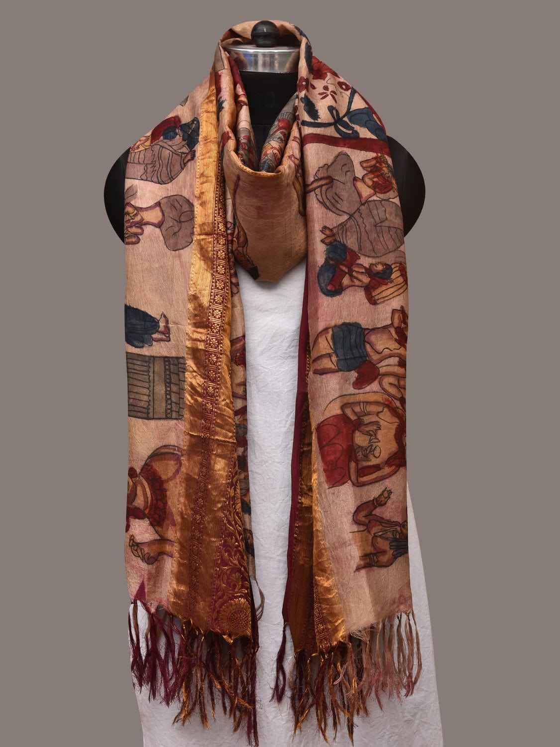 Cream Kalamkari Hand Painted Kanchipuram Silk Handloom Dupatta with Ajanta Design - Global Threads | Grocsy