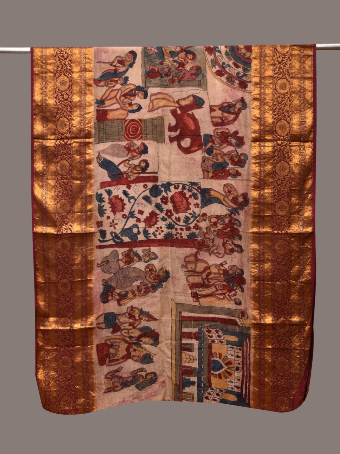 Cream Kalamkari Hand Painted Kanchipuram Silk Handloom Dupatta with Ajanta Design - Global Threads | Grocsy