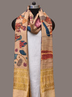 Cream Kalamkari Hand Painted Kanchipuram Silk Handloom Dupatta with Ajanta Design - Global Threads | Grocsy