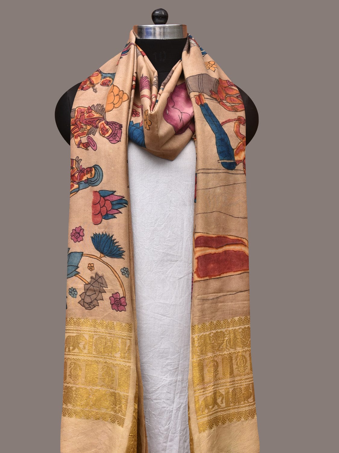 Cream Kalamkari Hand Painted Kanchipuram Silk Handloom Dupatta with Ajanta Design - Global Threads | Grocsy