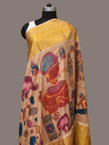 Cream Kalamkari Hand Painted Kanchipuram Silk Handloom Dupatta with Ajanta Design - Global Threads | Grocsy