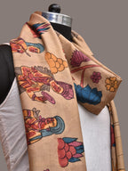 Cream Kalamkari Hand Painted Kanchipuram Silk Handloom Dupatta with Ajanta Design - Global Threads | Grocsy