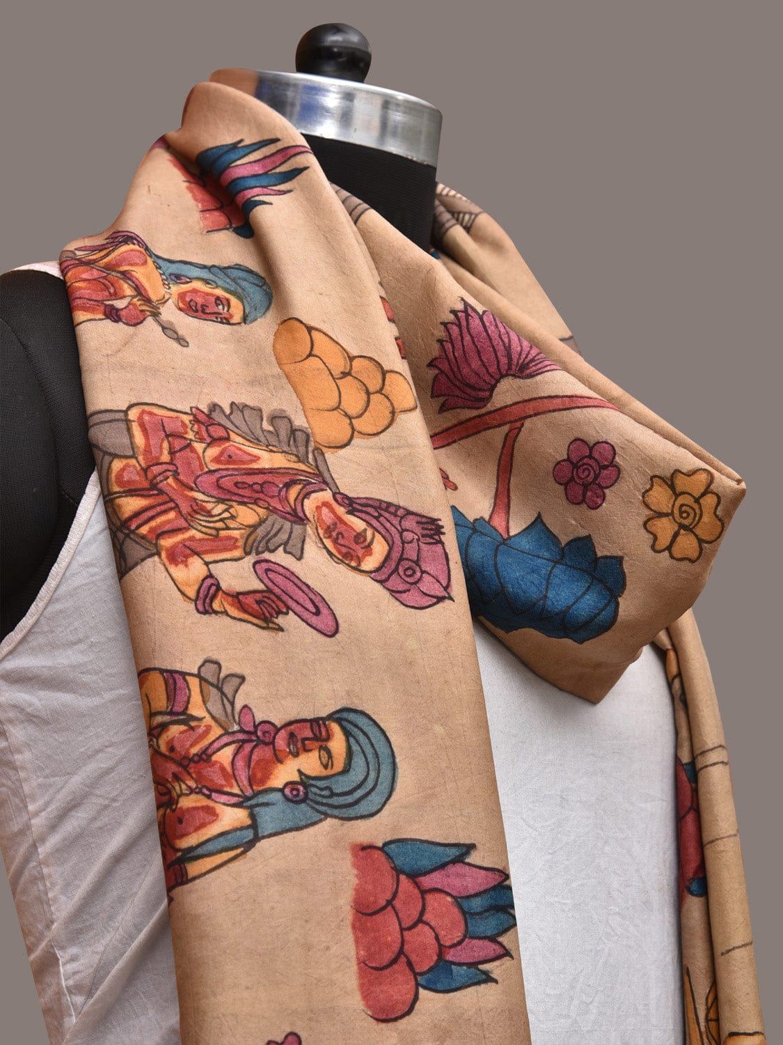 Cream Kalamkari Hand Painted Kanchipuram Silk Handloom Dupatta with Ajanta Design - Global Threads | Grocsy