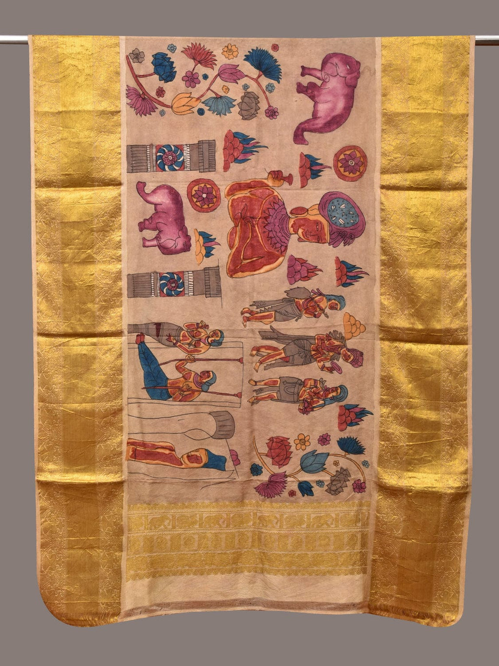 Cream Kalamkari Hand Painted Kanchipuram Silk Handloom Dupatta with Ajanta Design - Global Threads | Grocsy